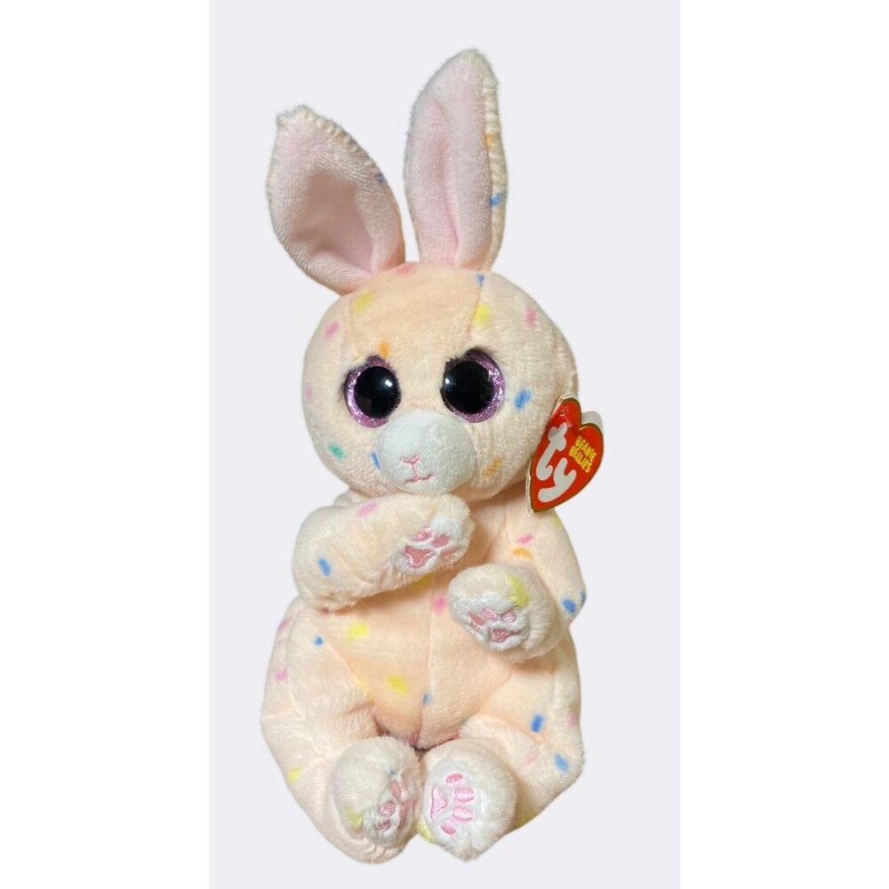Ty Beanie Bellies Plush Peaches the Bunny Pink Glitter Eyes and Multicolor Spots